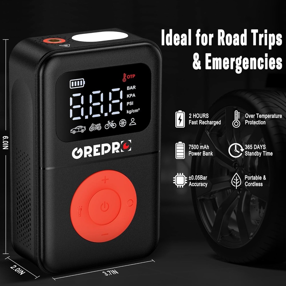 Compact 160 PSI Air Compressor with Rechargeable Battery & Multiple Adapters