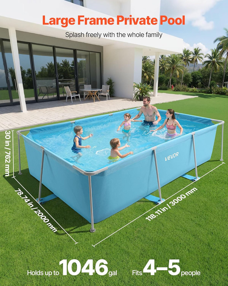 Easy Assembly Rectangular Above Ground Pool, 118"x78"x30", 1046 Gallons