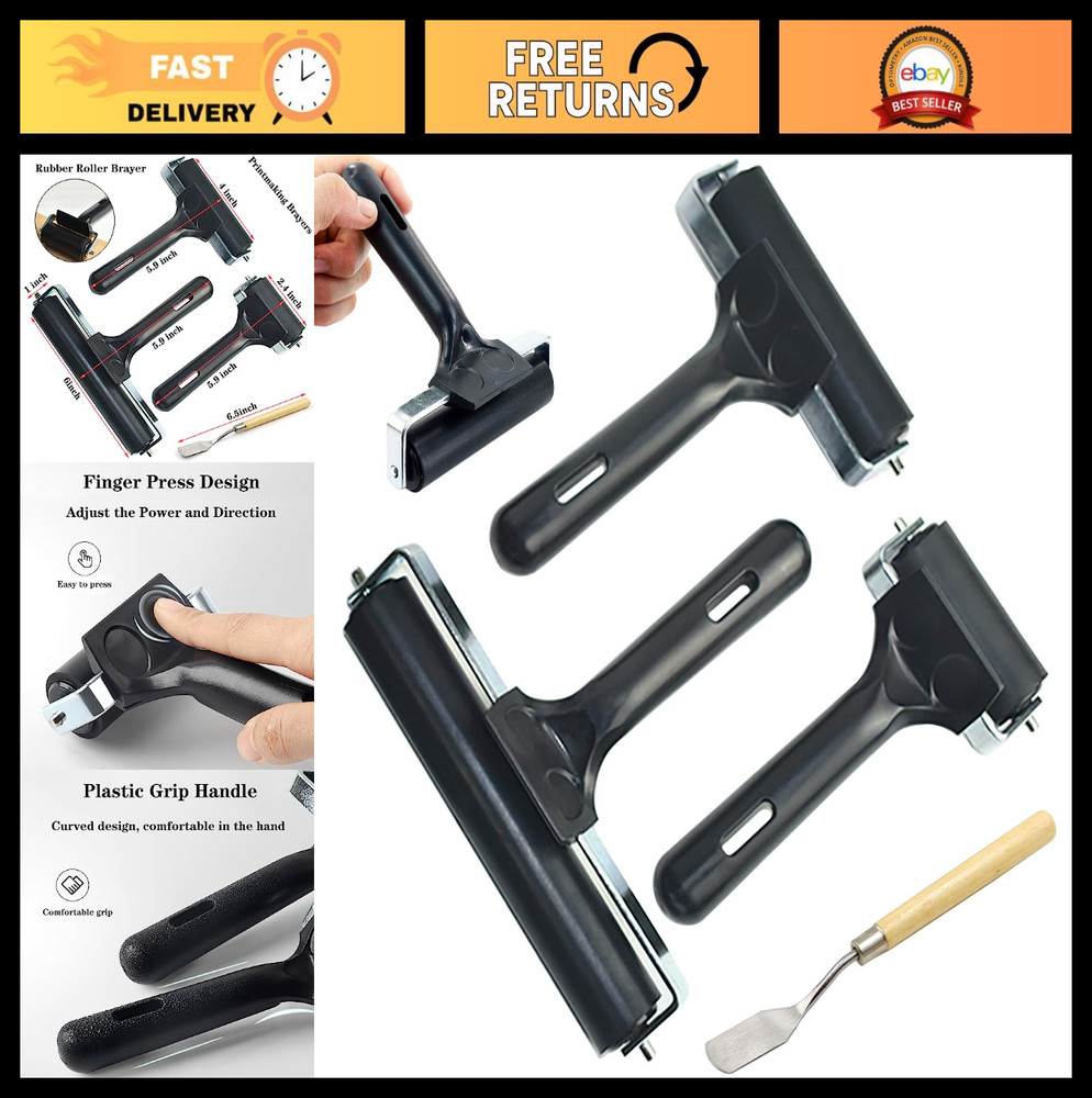 Soft Rubber Brayer Rollers for Crafting & Printmaking - 4 Pack (2.4", 4", 6") +