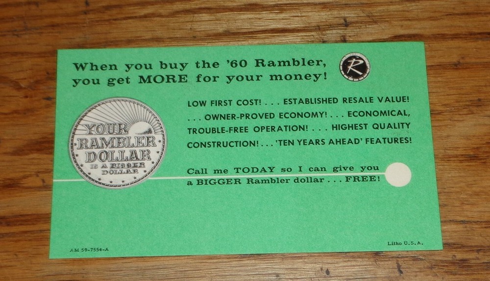 Original 1960 Rambler Dollar Postcard 60 AMC