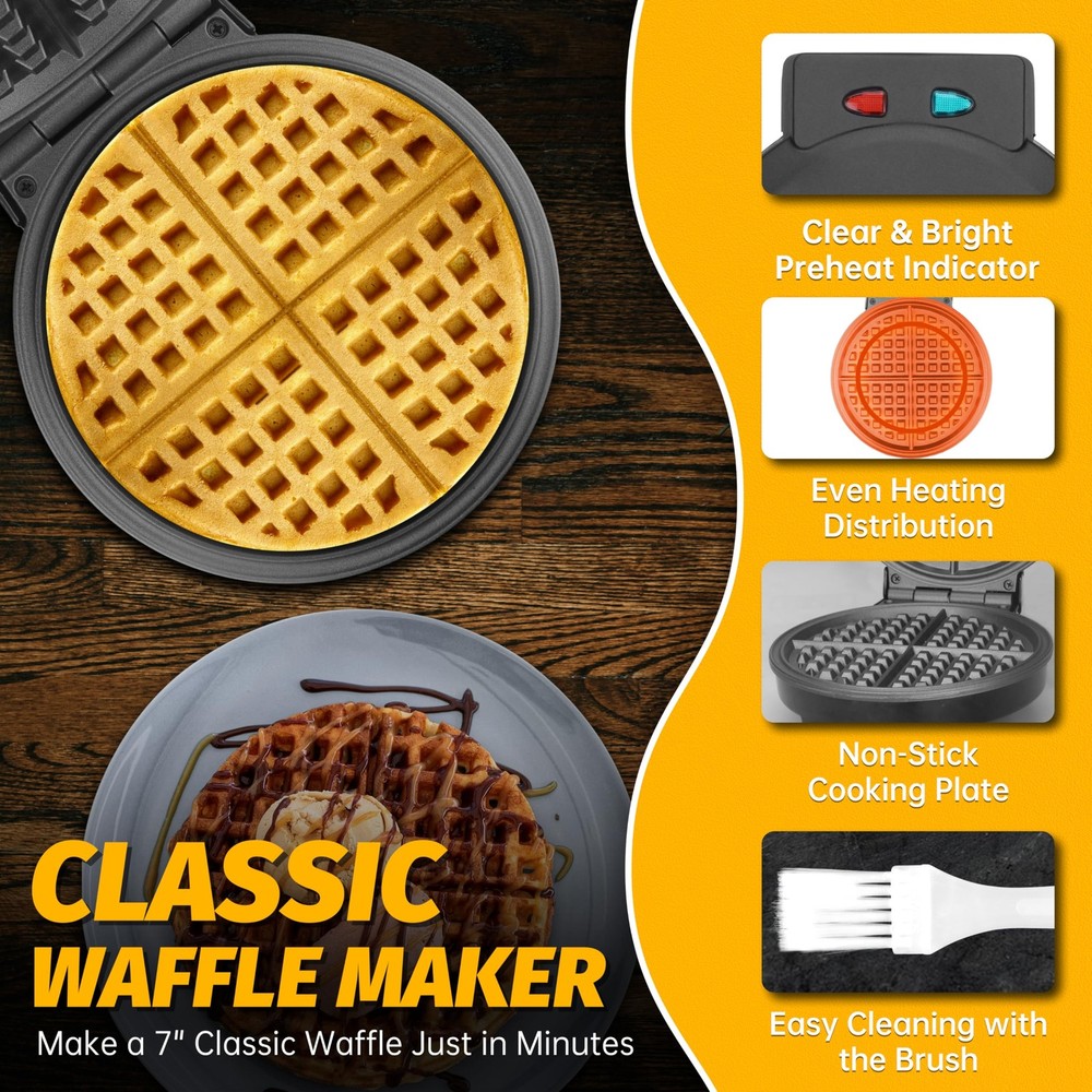 7 Inches Round Classic Waffle Maker Machine Mini Iron Thin Crispy Black
