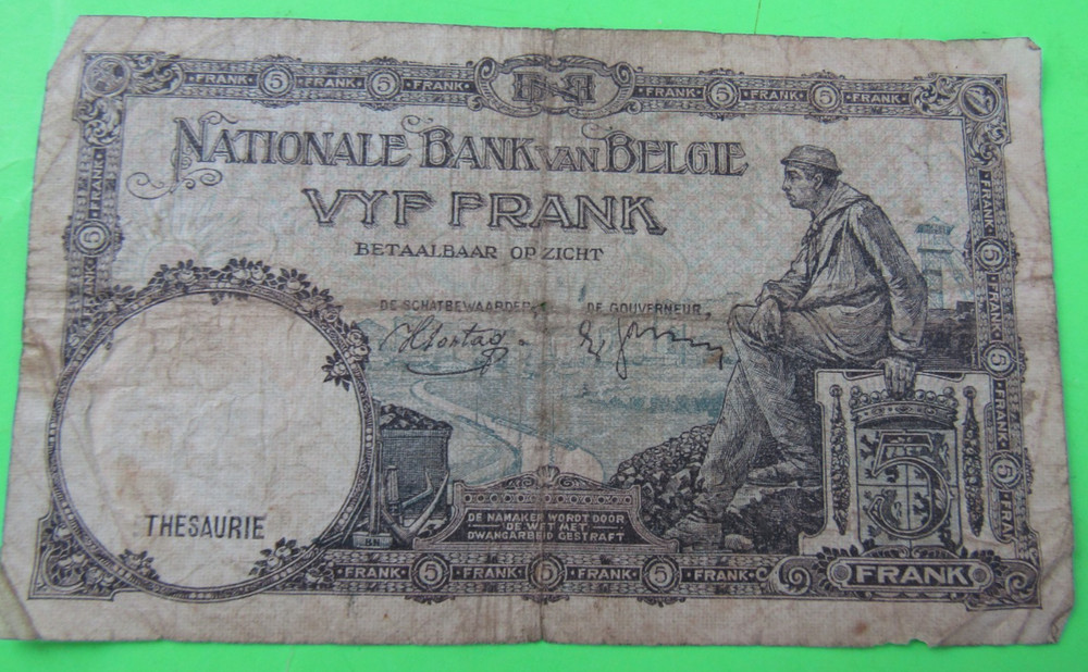 BELGIUM, 5 FRANCS, P#108a, 1938
