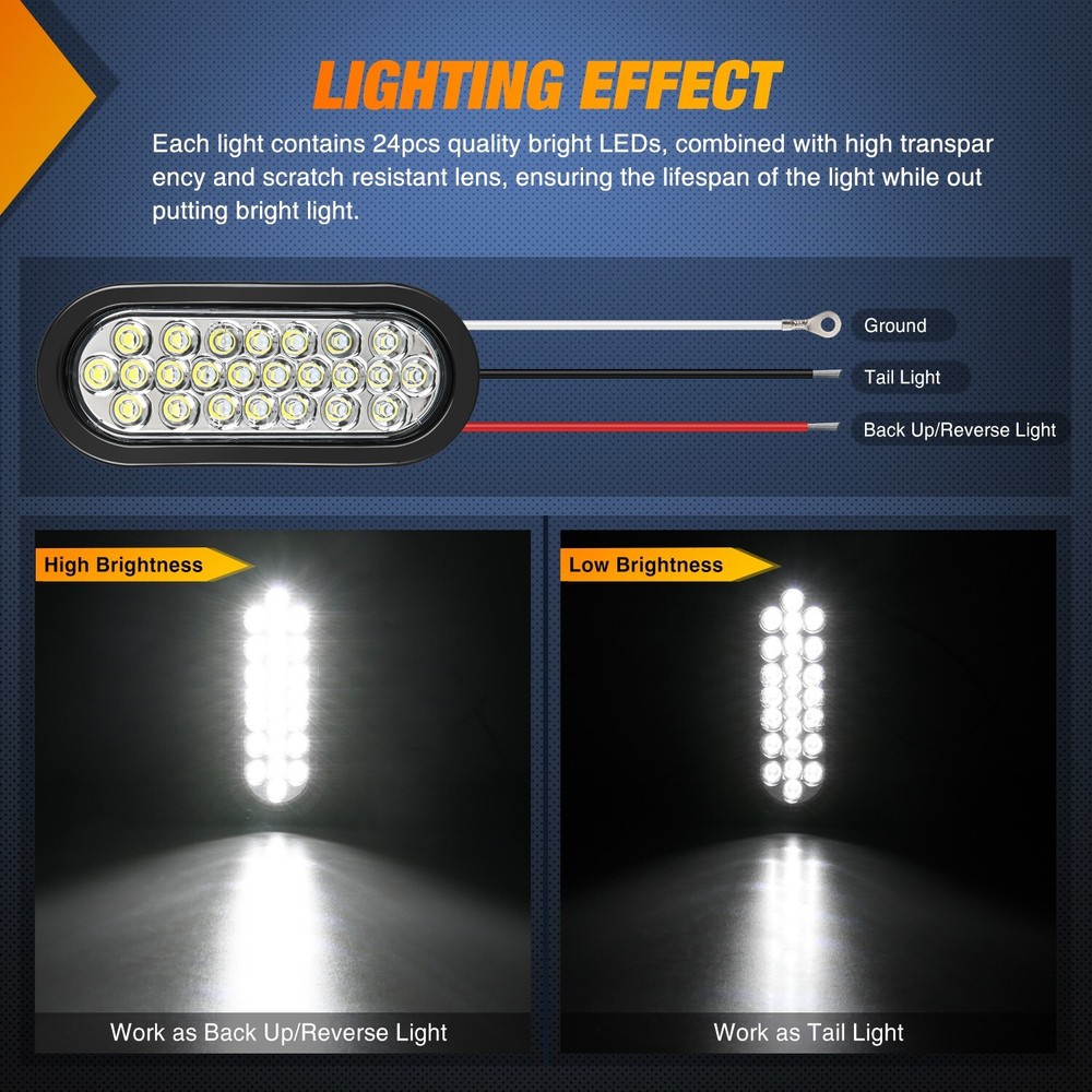 Nilight 6Inch Oval Trailer Tail Light 2PCS White 24LED Back Up Reverse Light