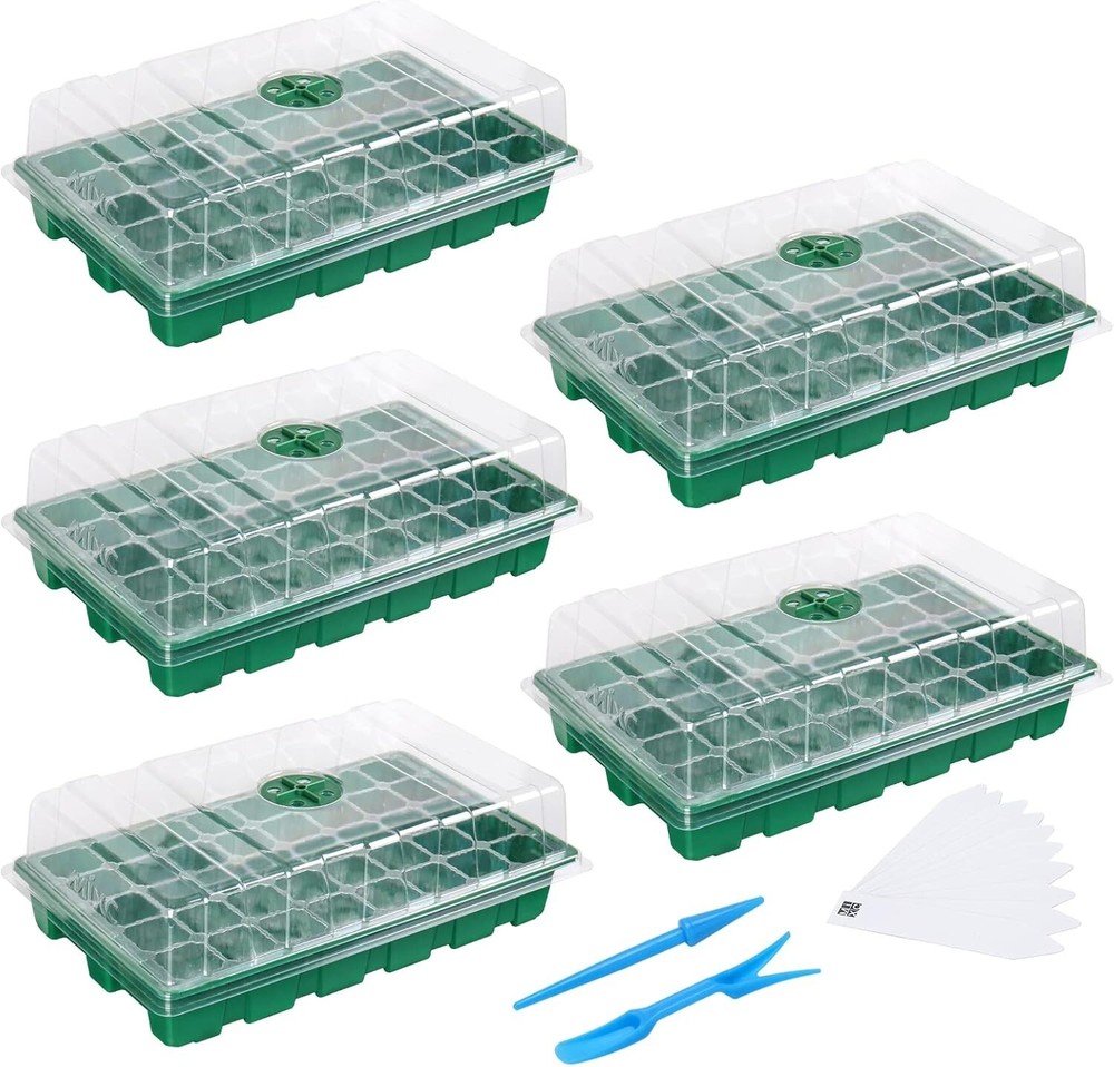 Space-Saving Stackable Seed Starter Trays with Garden Tools - 5-Pack Green Kit
