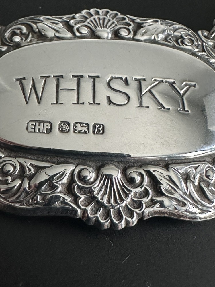 Solid Silver Rococo Style Whisky Decanter Wine Label E H Parkin Sheffield 1976
