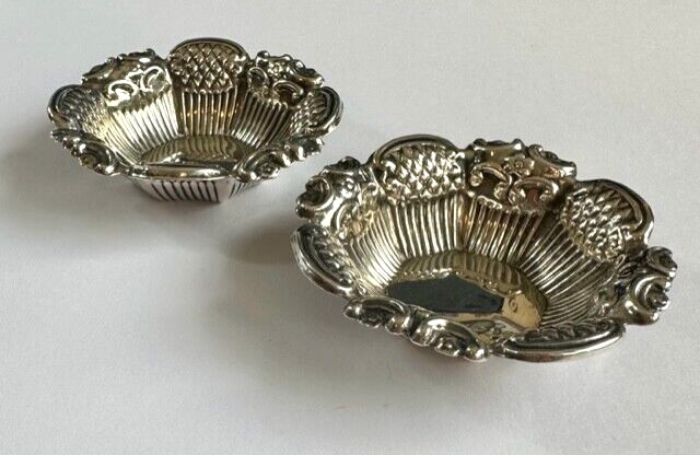 Pair Antique Small Solid Hallmarked Silver 925 Ornate Dishes 18gTable Ware 1898