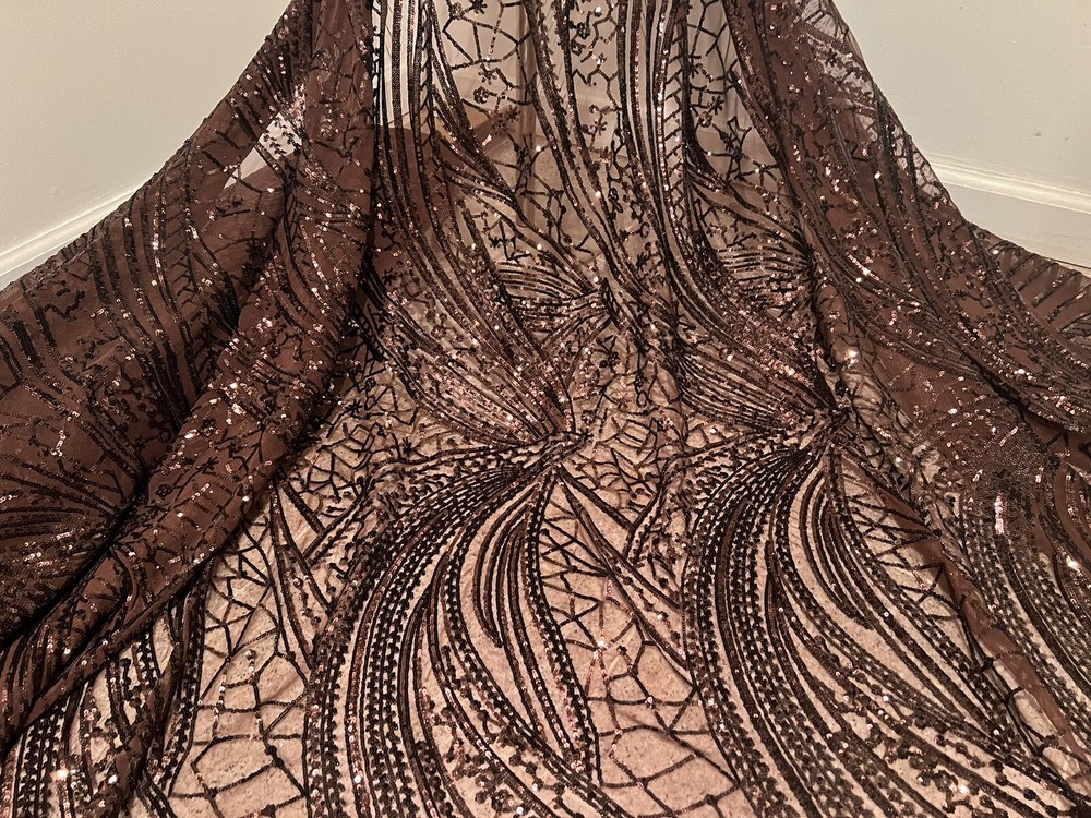 Brown 4way stretch sequins Embroidery Mesh Lace fabric 50” Width 1 Yard