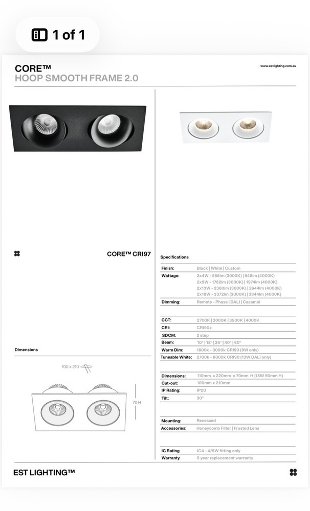 EST Core Hoop Smooth Frame 2.0 Recessed Twin White Adjustable Downlight