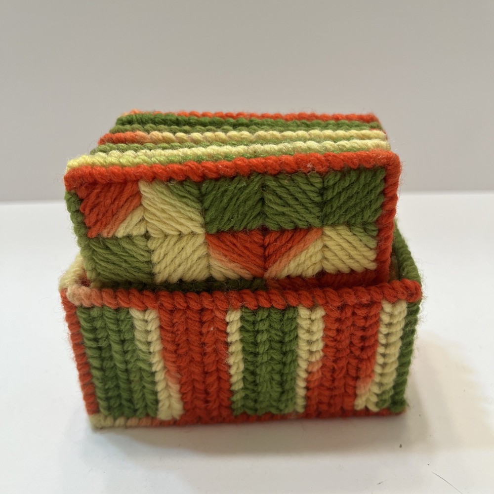 Vintage Handmade Needlepoint Plastic Canvas Coasters With Holder 8 Coasters