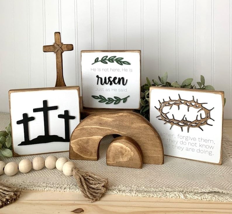 2025 Empty Tomb Easter Tiered Tray Decor, 7Pcs Easter Resurrection Scene Cross