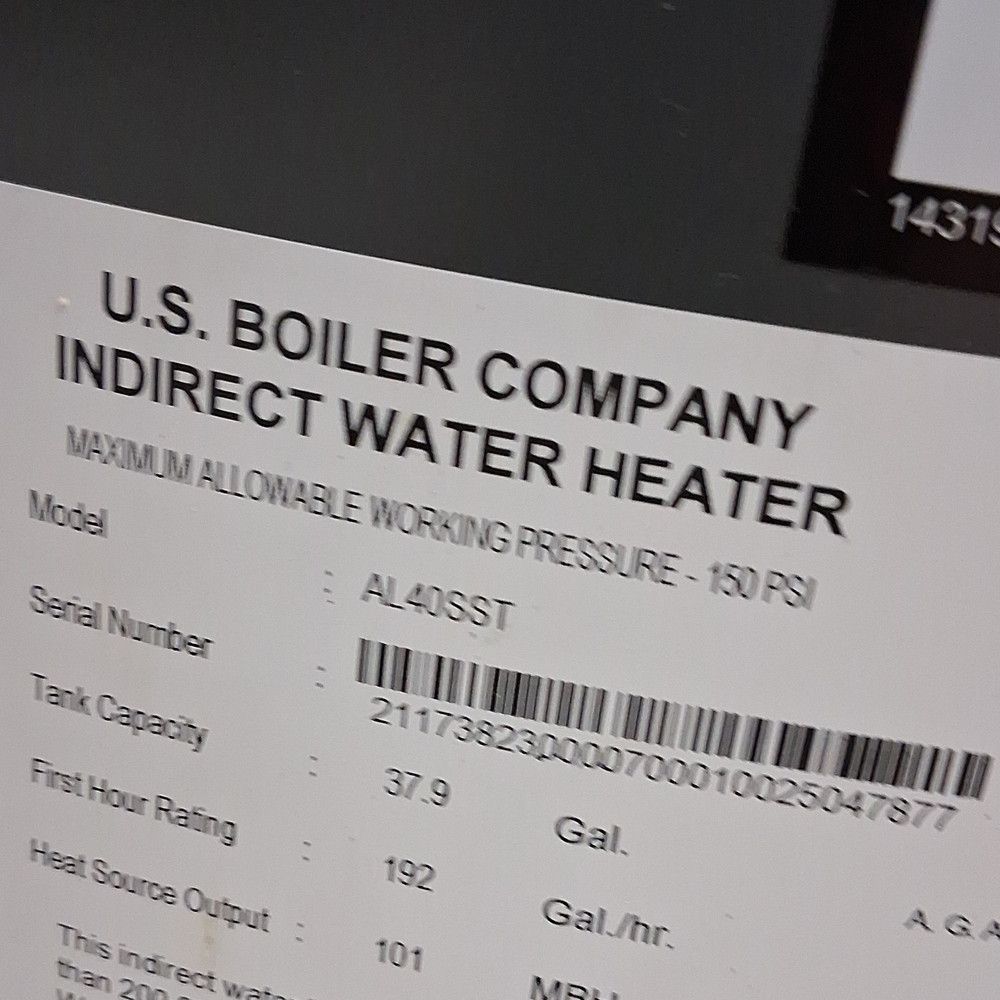U.S. Boiler Company Alliance SST AL40SST Indirect Vented Water Heater 37.9 Gal