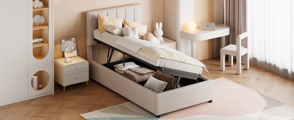 Twin Size Upholstered Platform Bed with a Hydraulic Storage System, Beige