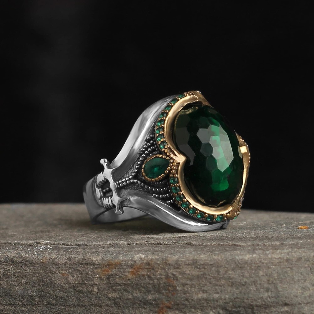 Emerald Stone Men Silver Ring, 925 Sterling Silver Emerald Gemstone Ring,