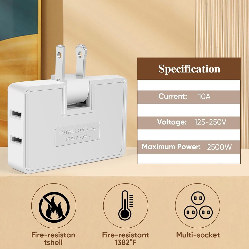 3 Way Flat Wall Outlet Extender Adapter- 2 Pack 180 Degrees Rotatable Flat Plug