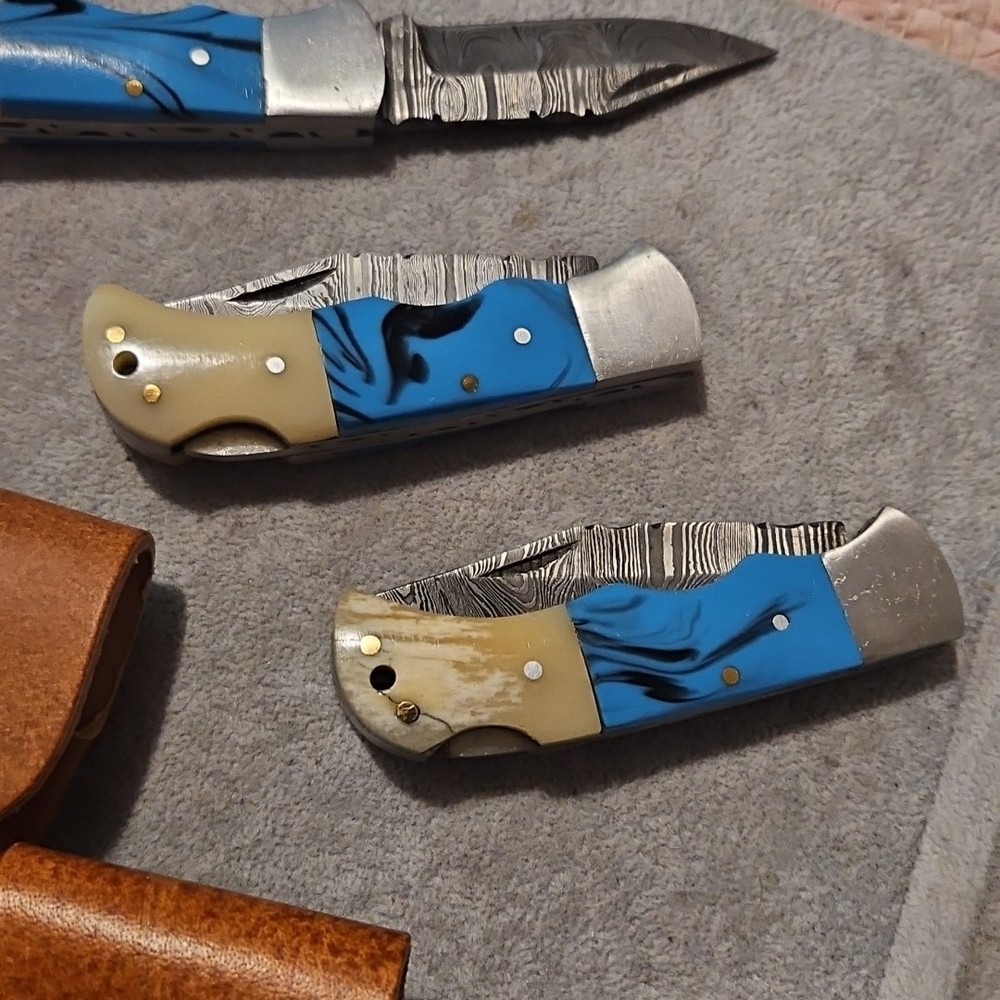 3 Damascus Folding Pocketknives Blue Bone Handle