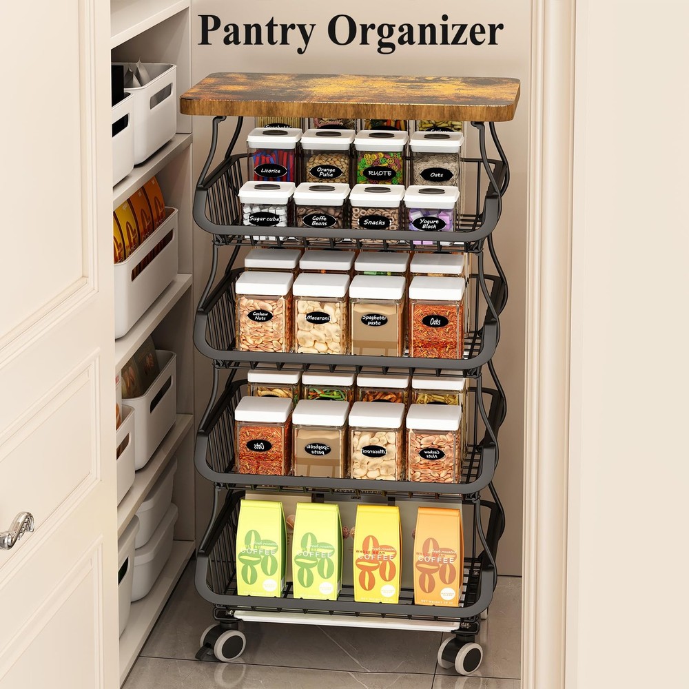 Fruit Basket Kitchen Pantry Organizers and Storage - Wooden Top Table, Stacka...