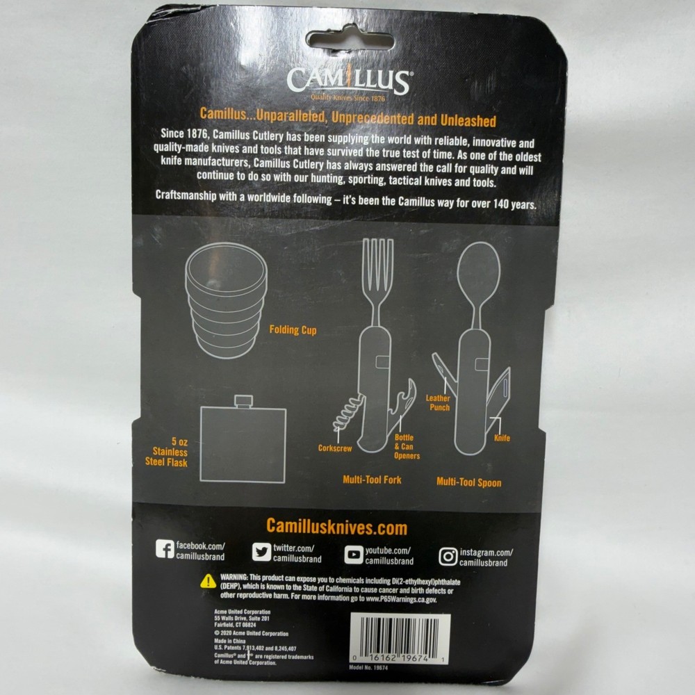 Camillus 4PC Camp Pack Kit Stainless Steel 5oz Flask Folding Cup Multi-Tool