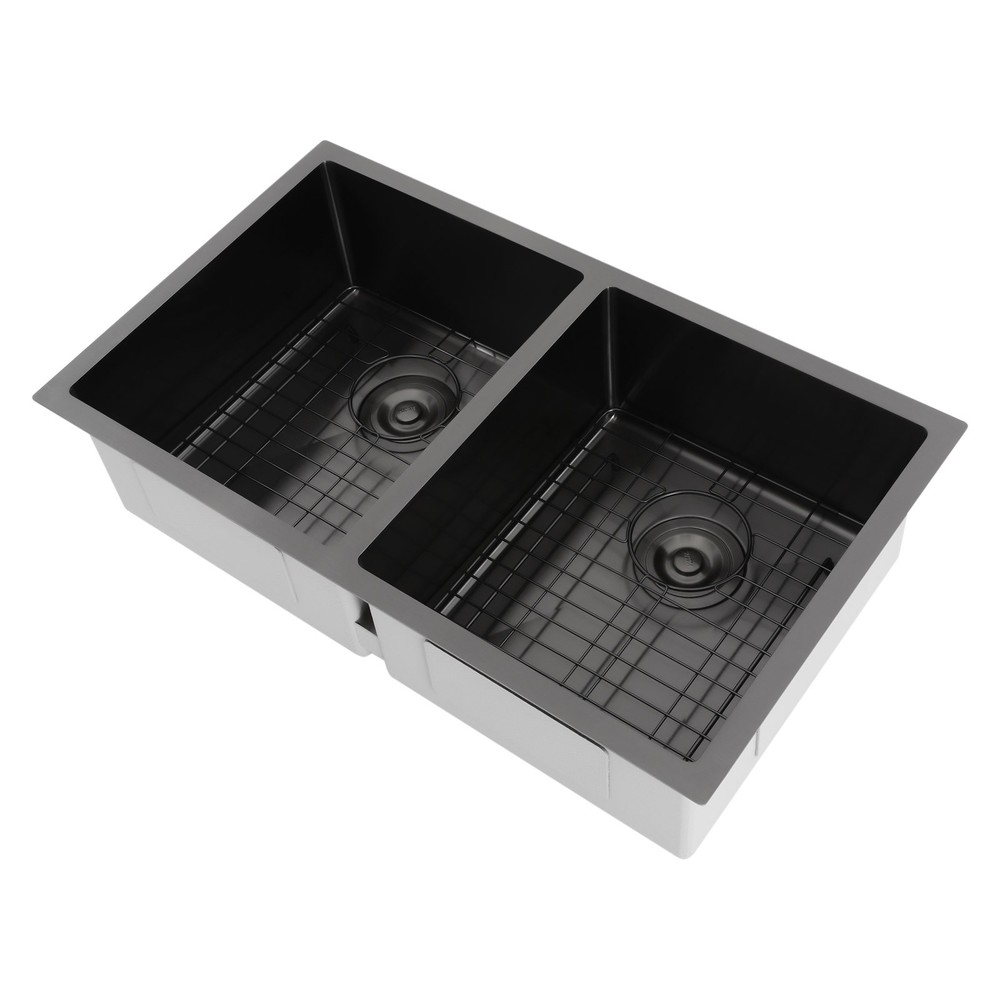 Double Bowl Sink Kitchen Sink Rectangular Stainless Steel Sink w/Grid & Drainer