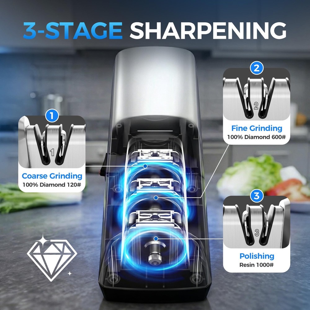 Knife Sharpener Electric for Kitchen - 3-Stage Kitchen Knife Sharpener - 15°P...