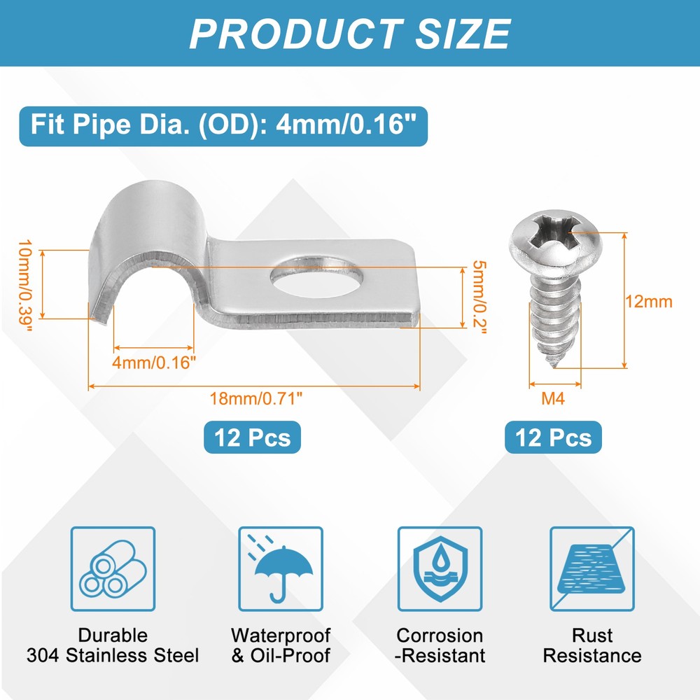 12Pcs 4mm(3/16") One Hole Rigid Pipe Strap with Screws, Silver