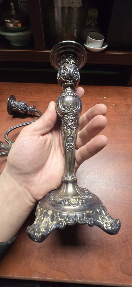 WM Rogers and Son 3 Arm Silver Candlesticks Victorian Rose