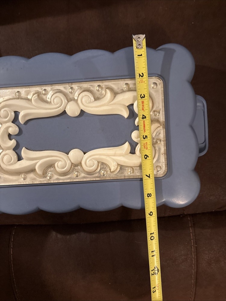 Vintage Dusty Blue Plastic Makeup Storage Box with Scrollwork