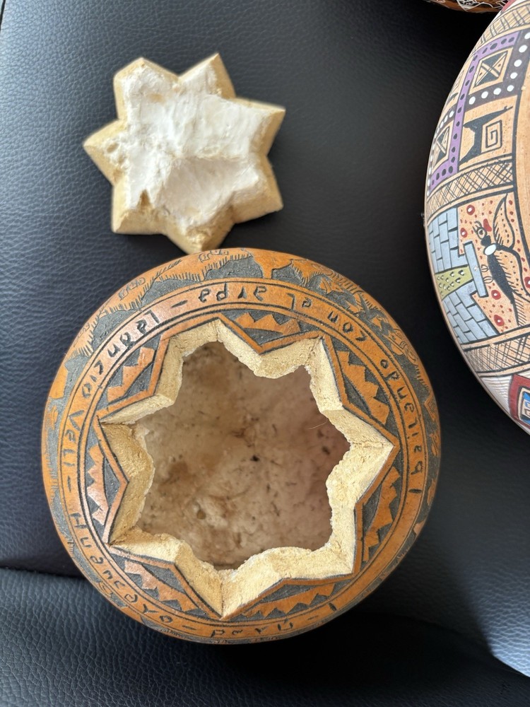 Peruvian Style Pottery & Etched Gourd Decor Bundle Signed Leoncio Veli