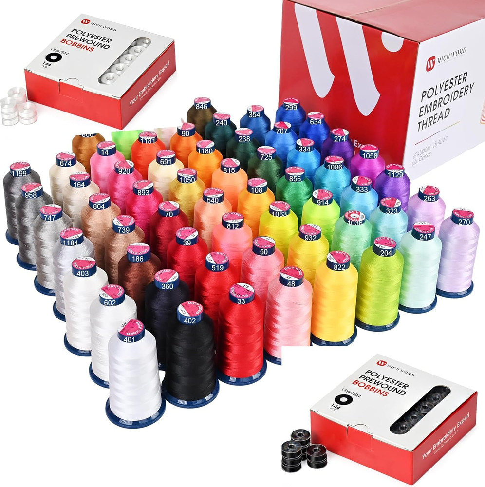 Richword 60 Colors 40WT (108D/2) Polyester Thread Kit+Prewound Bobbins, Plastic