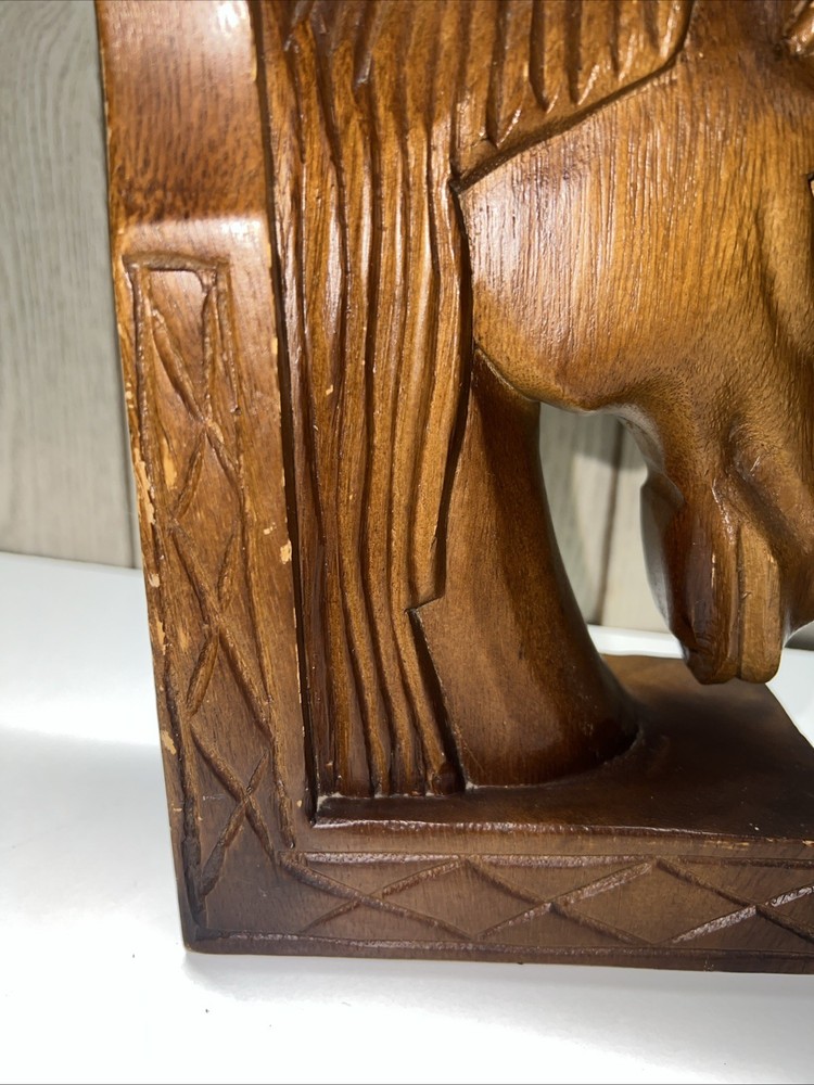 Vintage Pair Monkey Pod Solid Wood Horse Bookends Rustic GUC