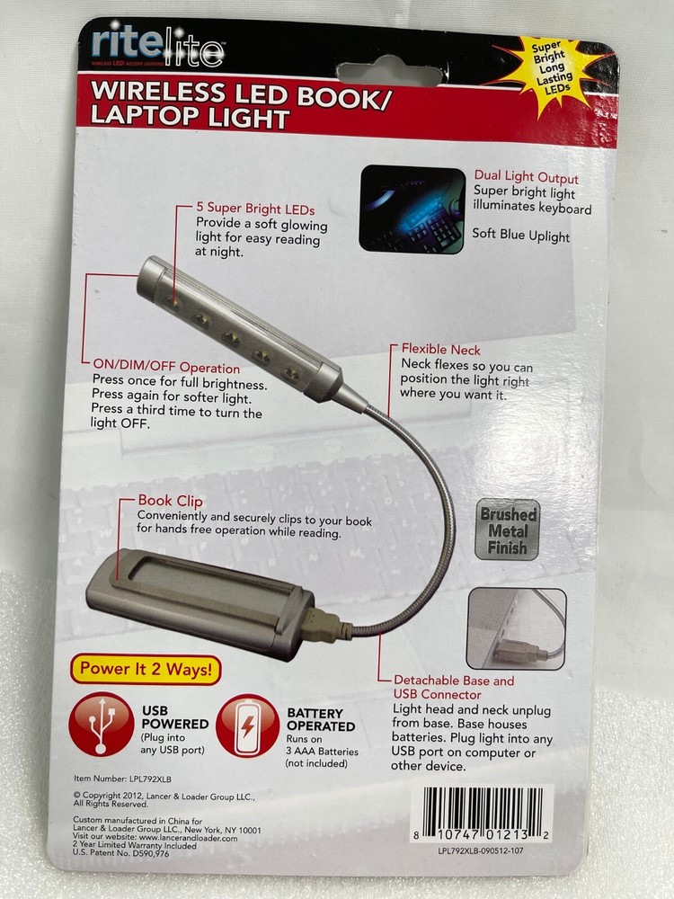 NEW - Ritelite LPL792 Wireless USB 5-LED Touch-On Computer Light