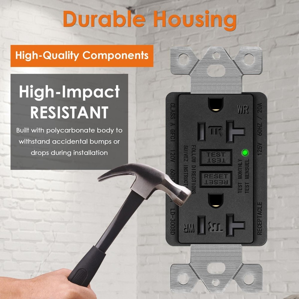 Moisture-Proof Black GFCI Outlet 20A Kitchen/Bath Use WR TR ETL LED Light 4Set