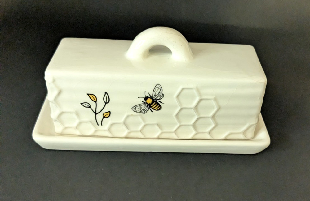 Decorative Honey Bee Butter Dish – White Ceramic Honeybee Pattern With Flora...
