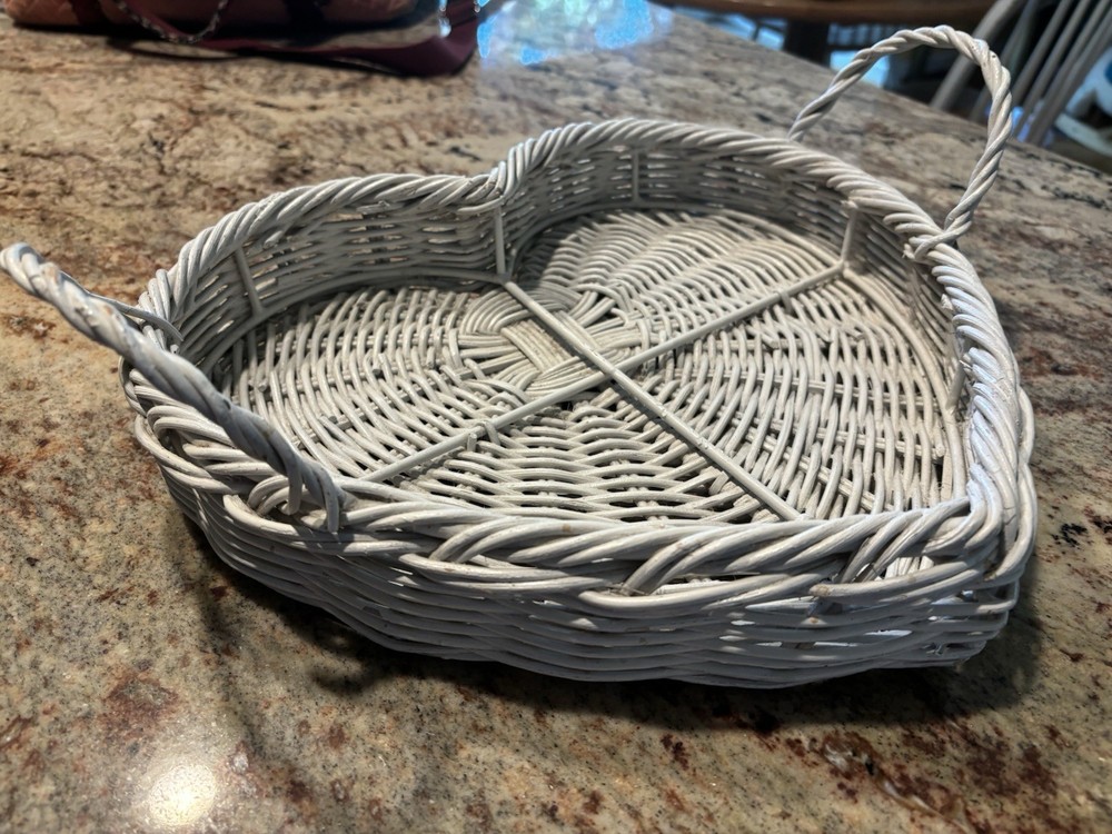 Cottagecore White Heart Wicker Basket with Handles