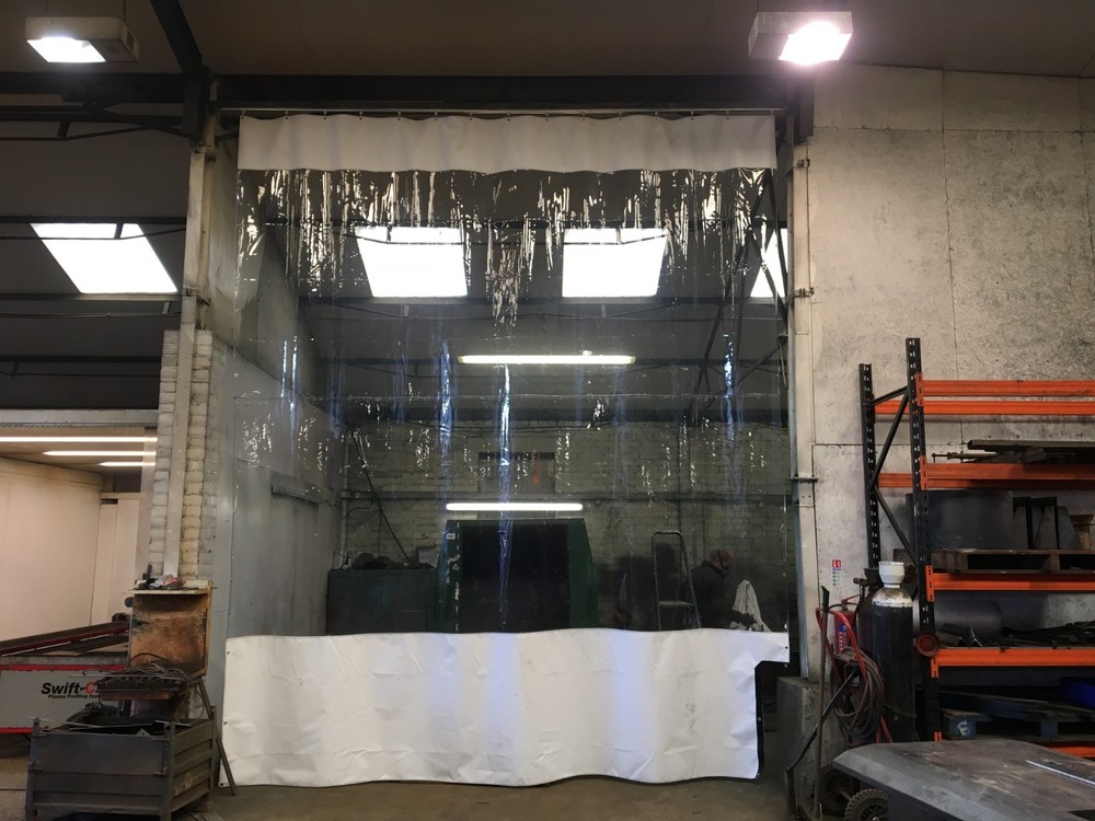 MADE TO MEASURE WORKSHOP CURTAINS GREY & CLEAR WORKSHOP CURTAINS 12FT W 9FT H