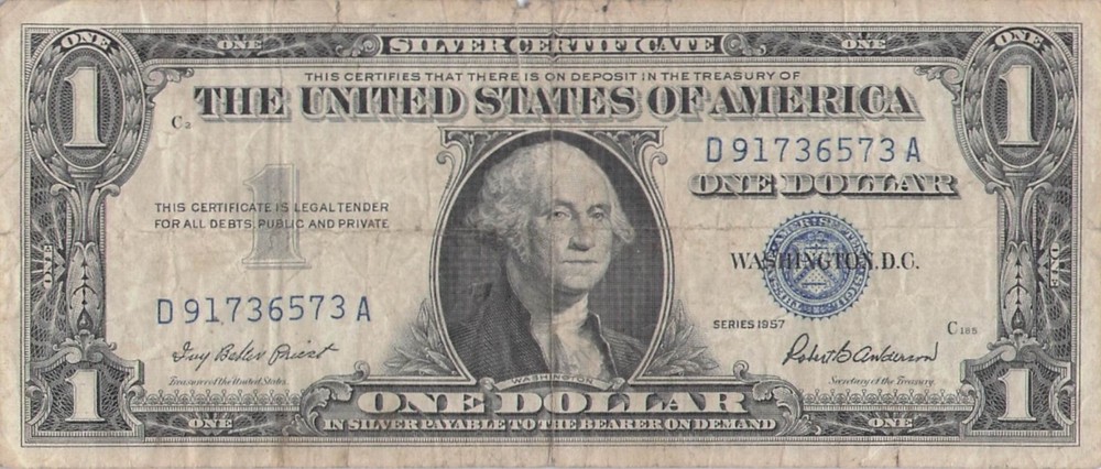 1957 One Dollar Well Circulated Silver Certificate Note