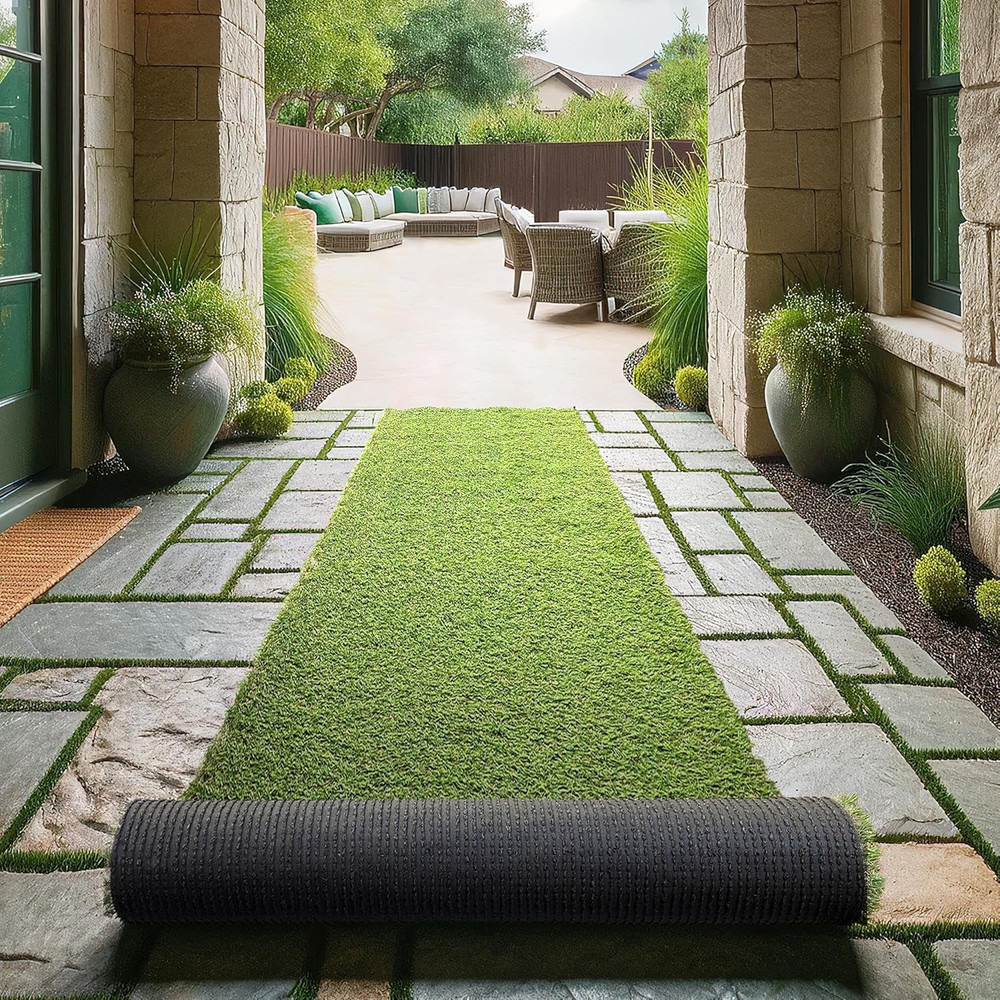 Realistic 2'7" x 16' Artificial Grass Rug - UV Protected & Easy Drainage