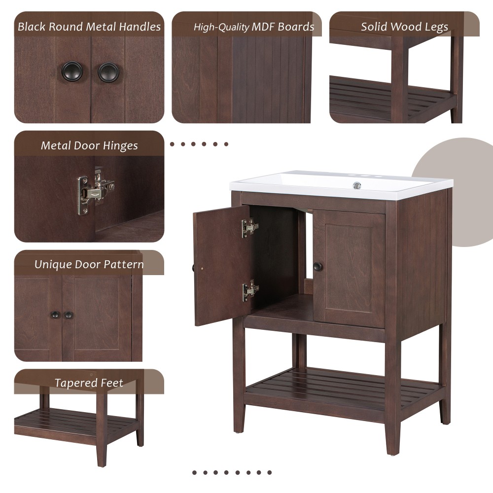 Bathroom vanity W solid wood frame Features open shelving Includes ceramic sink