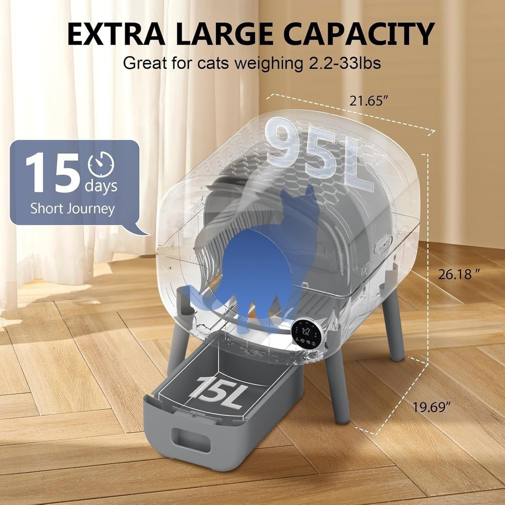 Automatic Self-Cleaning Cat Litter Box Large Capacity for Cats App Control Grey