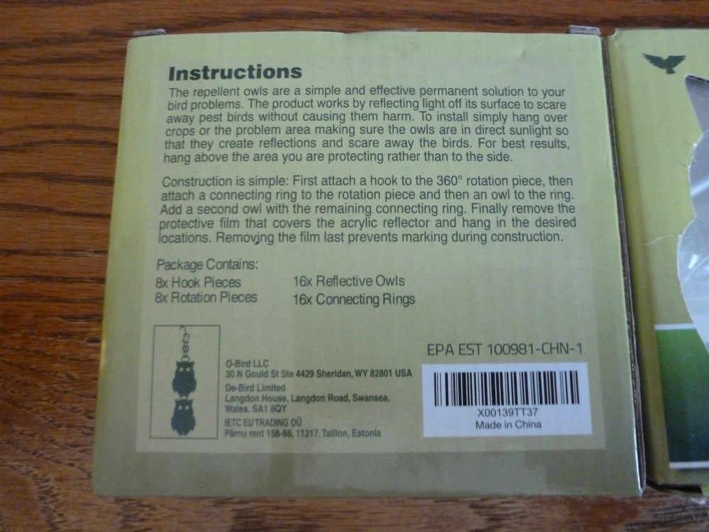 De-Bird Reflective Scare Owl, new, 2 boxes