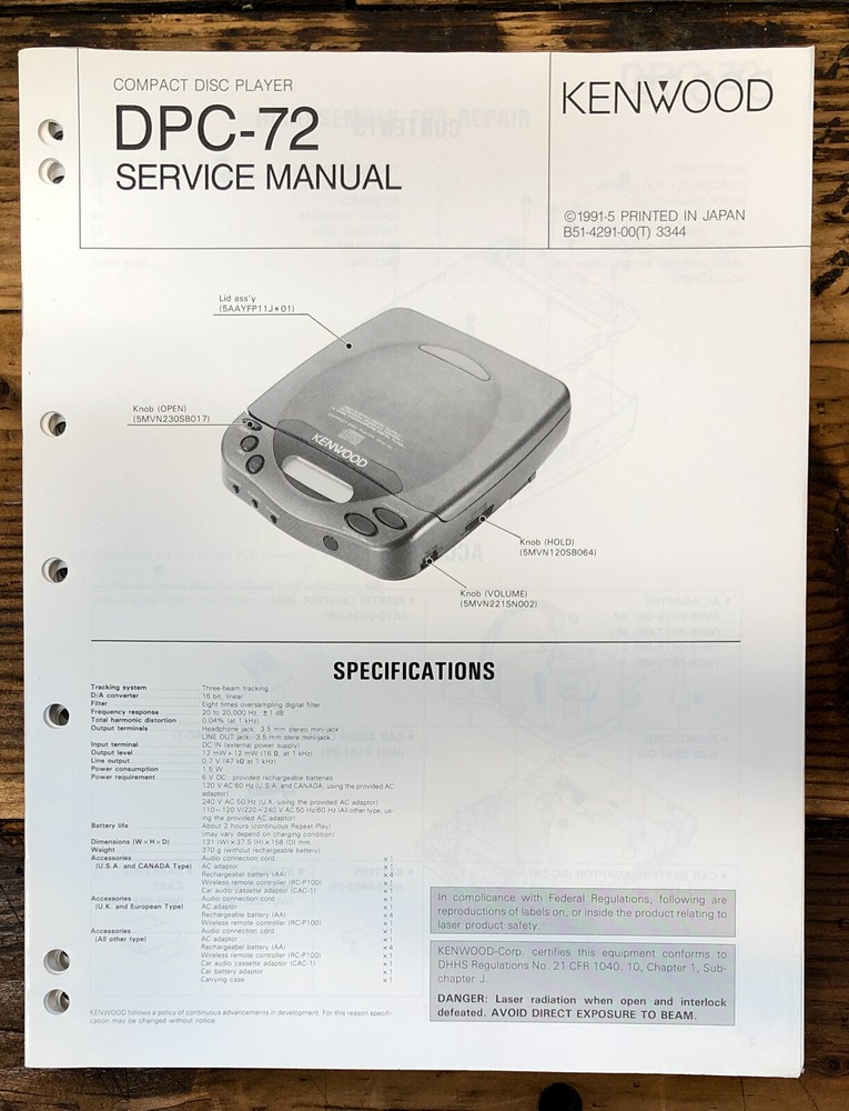 Kenwood DPC-72 CD Player  Service Manual *Original*