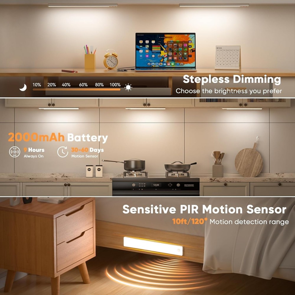 Smart Motion Sensor Under Cabinet Lighting - 2-Pack Rechargeable & Dimmable