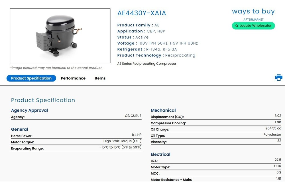 Tecumseh AE4430Y-XA1A Replacement Refrigeration Compressor