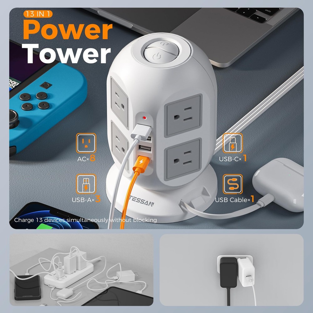 Tower Power Strip 10 Ft Surge Protector Extension Cord