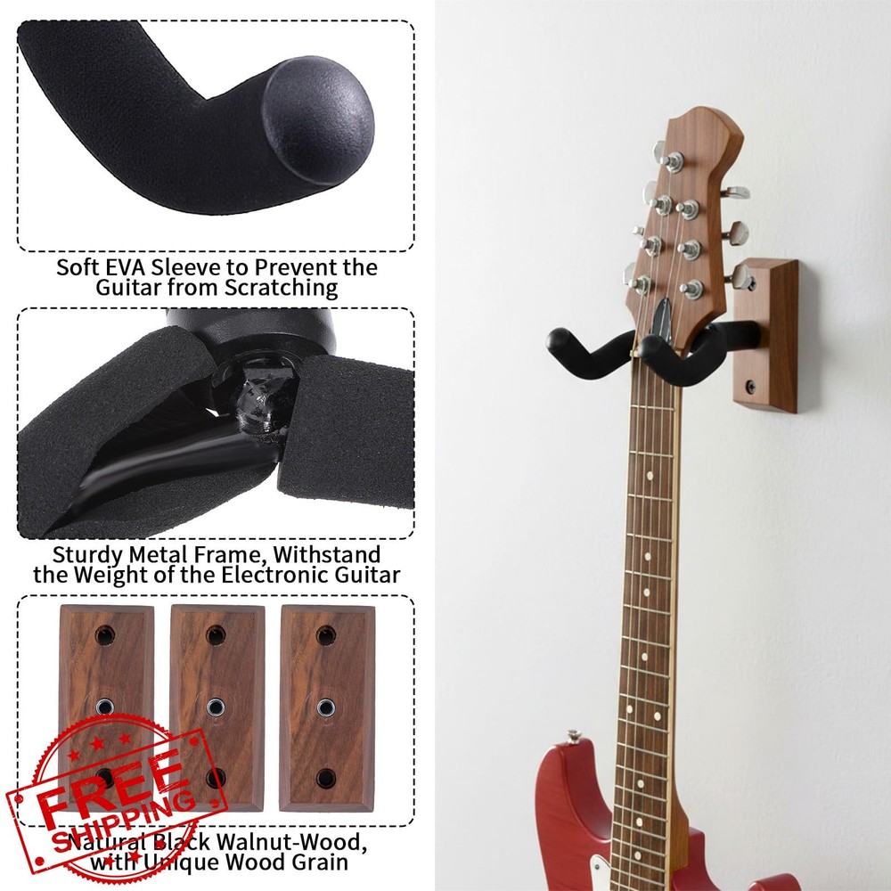 Lemecima Guitar Wall Mount Black Walnut Hanger Holder 4 Pack