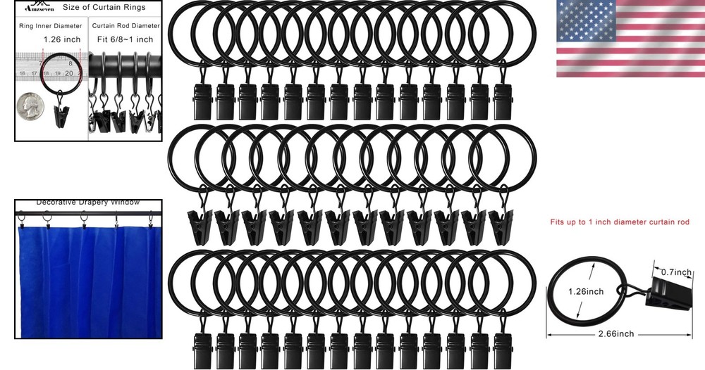 Versatile 40 Pack Black Drapery Clips & Rings – 1.26“ Diameter, Rustproof Design