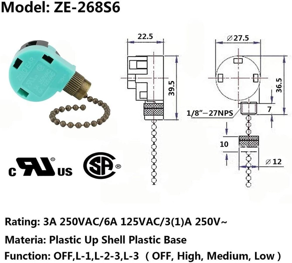 Ceiling Fan Switch 3 Speed 4 Wire Zing Ear ZE-268S6 Pull Chain Switch Control...