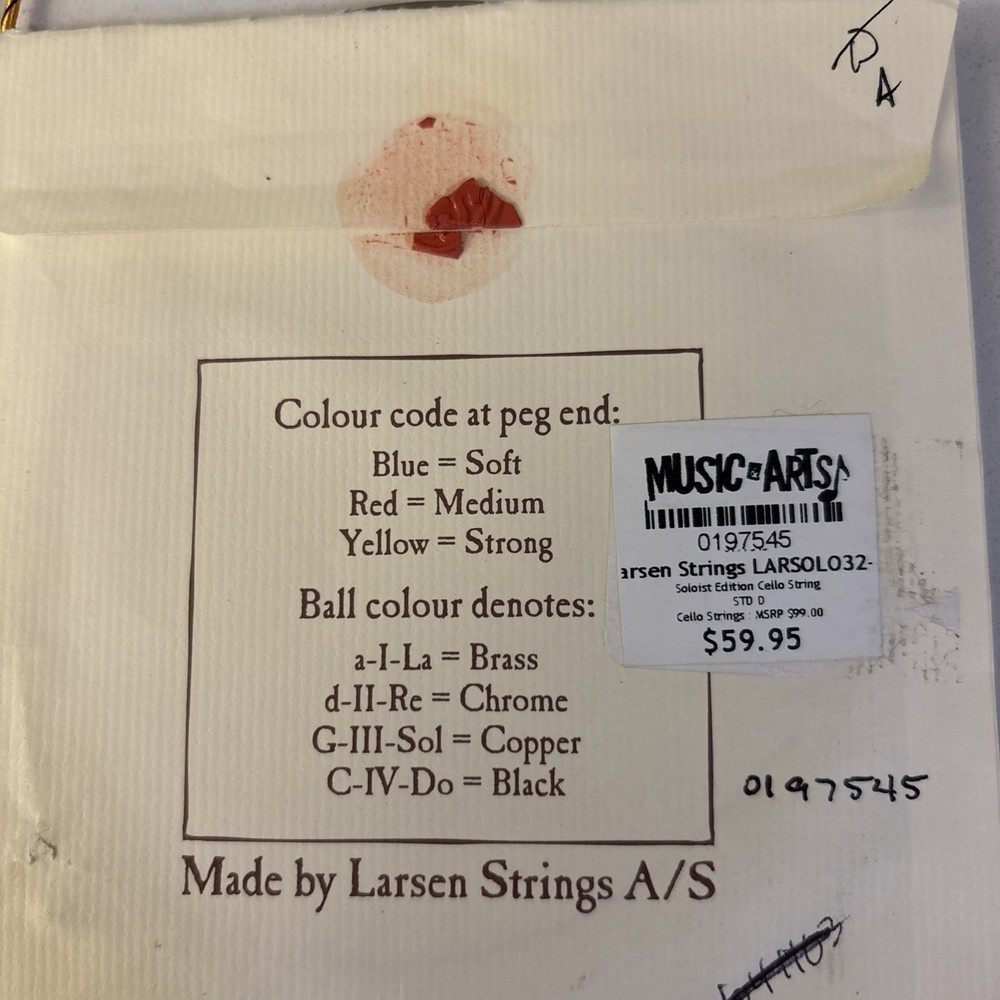 1 Larsen String Violencello II. 2 Spirocore Violoncello Strings Used