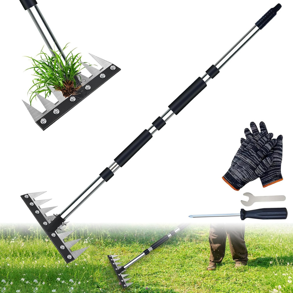 8 Tines Stainless Steel Weeding Tool Rake Adjustable Handle Garden Weed Puller