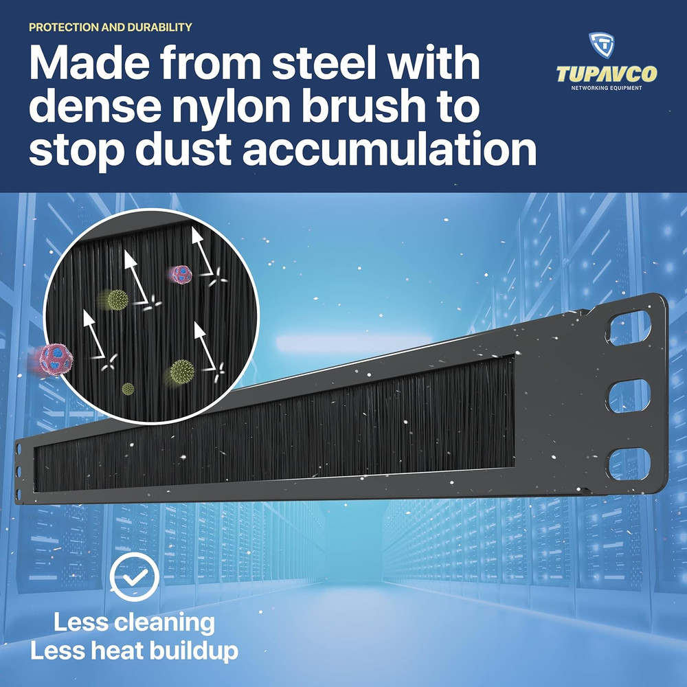 19" Rackmount Brush Panel (2-Pack) for Cable Management and Airflow Efficiency