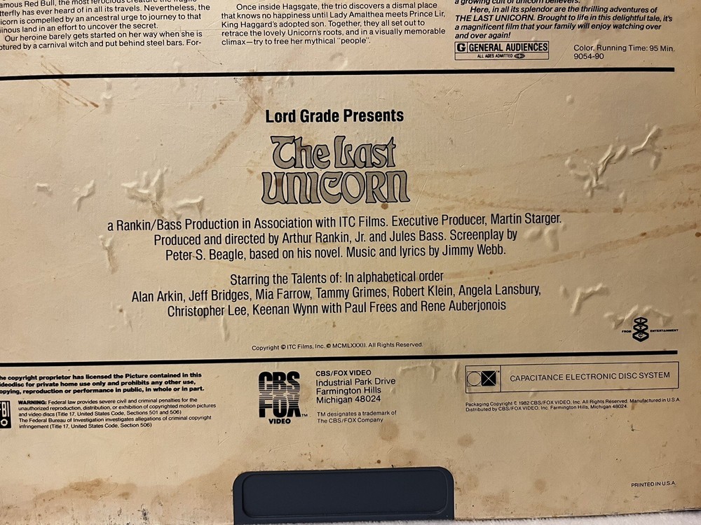 The Last Unicorn CBS FOX Capitance Electronic Disc System 1982 Untested